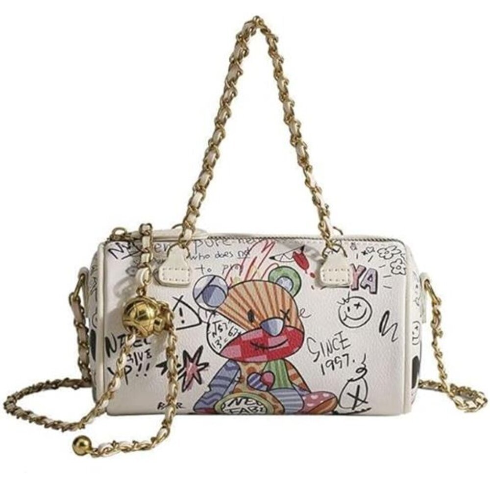 Graffiti White Vegan Leather Crossbody bag, Trendy Mini Shoulder Bag Purse - Picture 5 of 7